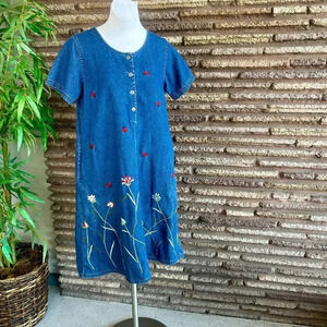 La Cera Embroidered Floral and Ladybug Denim Swing Dress Size Medium